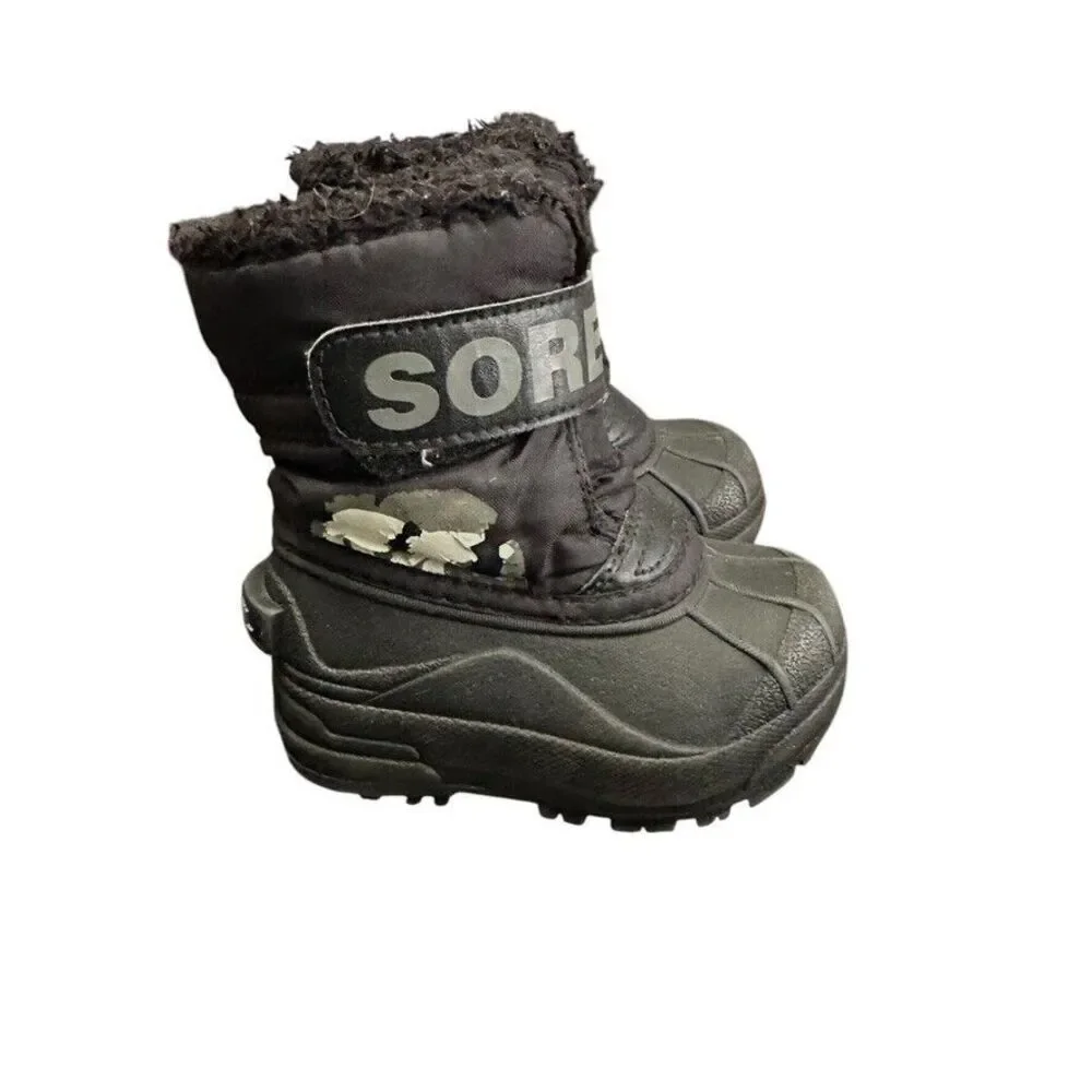 Sorel Snow Commander Hook &‎ Loop Strap Boots Toddler 6 Black Faux Fur-Lined
